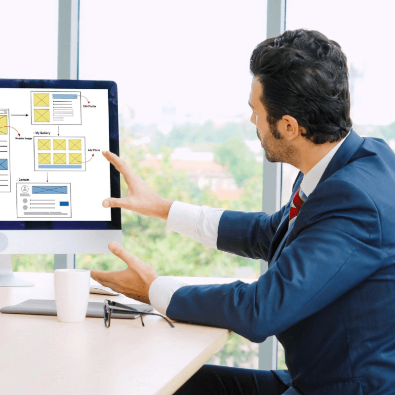 business person explaining subscription model with power point