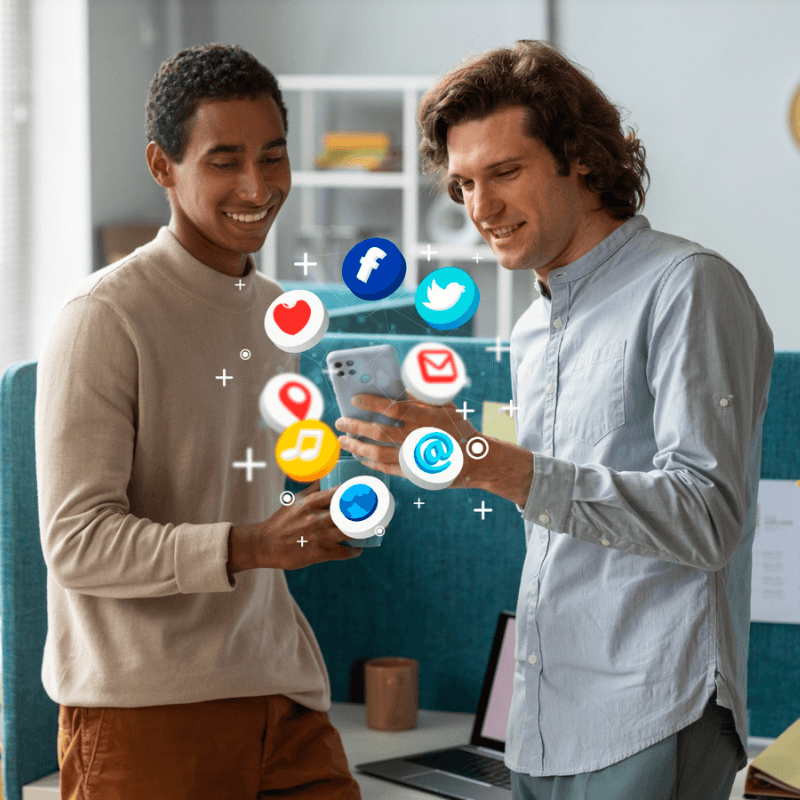 men-holding-smartphone with social media icons circling