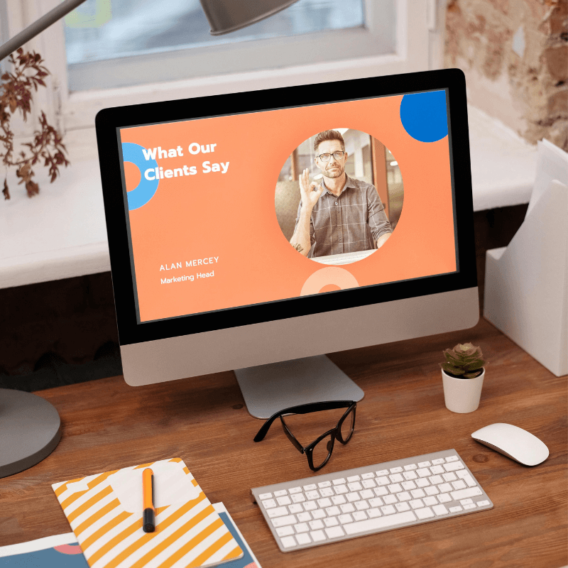 customer testimonial with headshot of satisfied customer, imac on the table with key